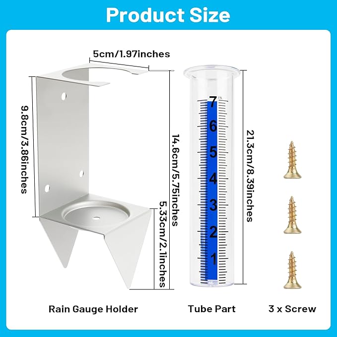 Rain Gauge Outdoor with Bracket, 7 Inch Easy-Read Removable Tube, 4 Mounting Options for Fence, Rail, Post, Planter or Ground, Silver