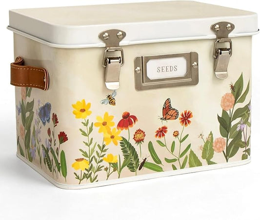 1Canoe2 Wildflower Botanicals Tin Seed Organizer Storage Box, Garden Seed Packet Vault Container, Gardening Supplies, Greenhouse Accessories, Gardening Gifts for Women