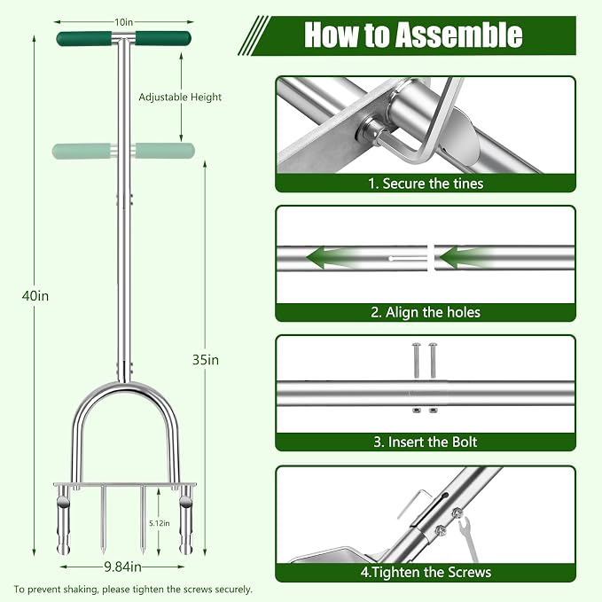 Manual Lawn Core Aerator Tool with 2 Hollow Tines & 2 Spikes, Adjustable Semi-Assembled Plug Aerator, Stainless Steel Grass Aerator for Lawn Care, Garden & Yard, Relieves Compacted Soil
