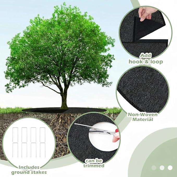 Tegeme 4 Pack 24.5 Inch Tree Ring with Self Adhesive and 8 Ground Pins, Degradable Protector Mat Reusable Non Woven Tree Mulch Ring Mat for Gardening Landscaping Weed Control Root Protection