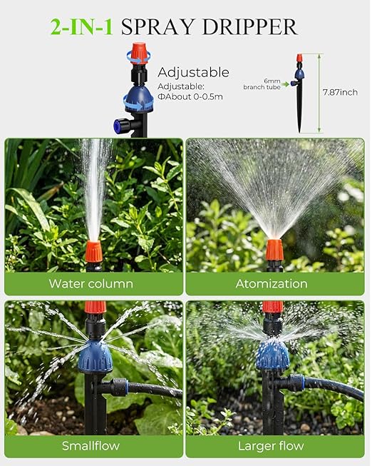 MYMULIKE 100FT Drip Irrigation System, Adjustable Drip Emitters, Upgraded Drip Irrigation Kit Automatic Irrigation Kit Garden Watering System for Flower Bed, Raised Beds, Lawn, Greenhouses