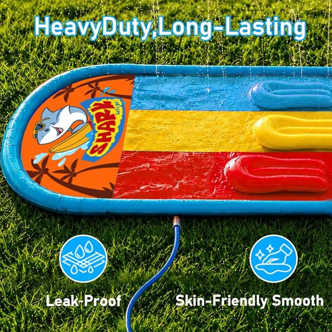 23FT Triple Water Slide with 3 Inflatable Bodyboards, Lawn Slip Splash Slide with Built-in Sprinkler, Backyard Outdoor Summer Water Toy for Kids and Adults