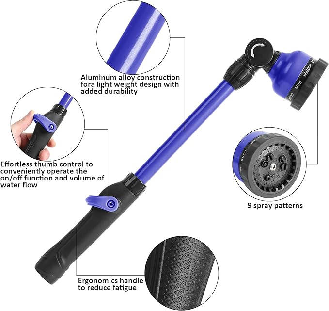 STYDDI Lightweight Watering Wand, 9-Pattern 18" Garden Watering Wand with Pivoting Head and Thumb Control, 18-inch Garden Hose Watering Lance for Container Gardens and Raised Beds, Blue