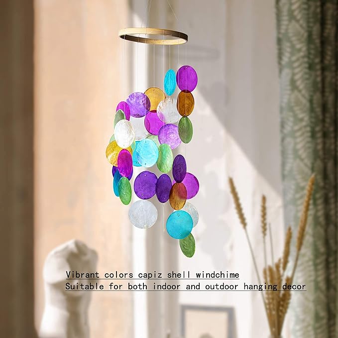 YUFENG Wind Chimes Outdoor Decor, Metal Memorial Windchimes Hanging Decoration for Garden Home Yard and Christmas Tree, 19.6''Rainbow Capiz Seashell Handmade Painted Coastal Mobile
