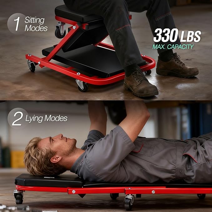 ‎DNA MOTORING TOOLS-00186 40 Inches 2 IN 1 Rolling Folding Car Creeper/Seat, 6 Pcs 2" Casters, 150kg Weight Capacity, Red