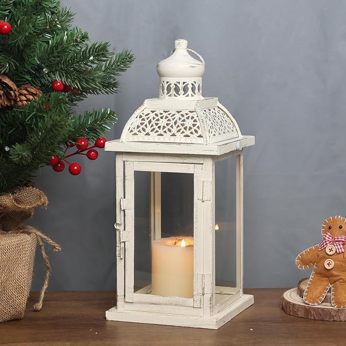 Lantern Decorative Indoor&Outdoor, 14.4'' Large Metal Candle Lanterns, Vintage Hanging Candle Holders Farmhouse Shelf Wedding Front Porch Patio Decor, Christmas Halloween Decorations for Home
