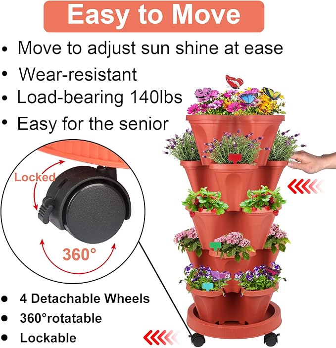 DUNCHATY Stackable Planters 6 Tier Vertical Garden Planting Tower Planters Strawberry, Herb, Flower, and Vegetable Planter Indoor Outdoor Gardening Pots with Removable Wheels and Tools