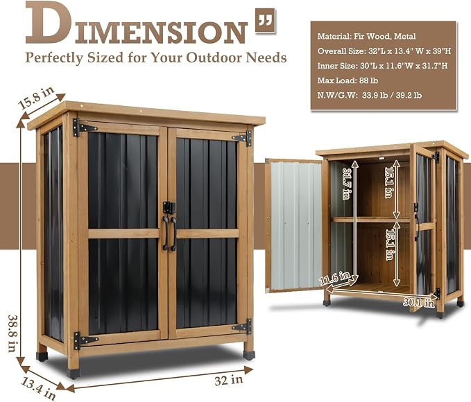 Outdoor Storage Cabinet Waterproof with Shelves, Storage Box with Lockable Doors, Wood & Metal Patio Yard Pool Garden Storage Cabinet Organizer, Gifts for Women Men