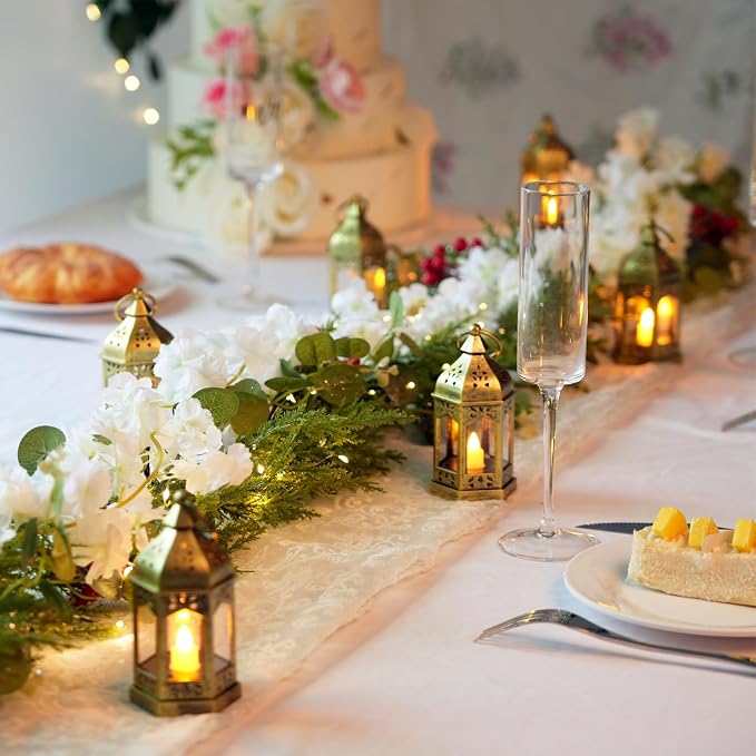 Mini Lanterns Decorative for Wedding Centerpiece - 20 Pcs Romadedi Hanging Small Gold Lantern Bulk with Flickering LED Candles for Halloween Decorations, Christmas Table Decor, Batteries Included