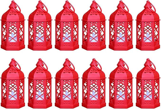 12-Pack Mini Lanterns for Ramadan, Christmas, Small Decorative Lanterns with Flickering LED Candle for Enchanted Forest Wedding Decor, Moroccan Lantern for Table Centerpiece & Ornament, Red