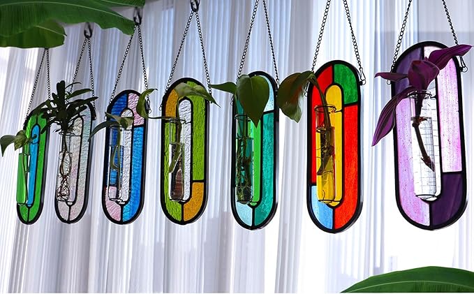 LITMIND Iridescent Stained Glass Plant Propagation Station - Vibrant Hanging Hydroponic Planter Terrarium with 2 Glass Tubes - Perfect for Home & Garden Décor