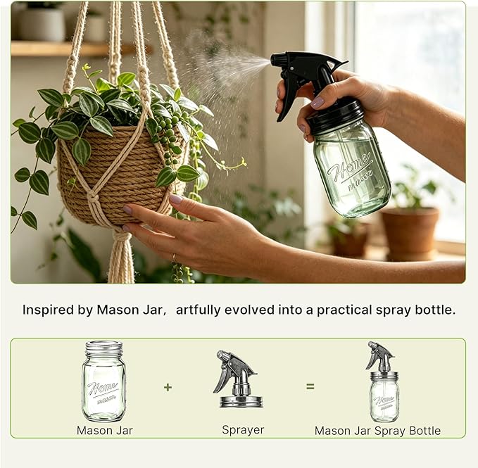 Glass Plant Mister Bottle -16 oz Vintage Style Mason Jar Fine Mist Sprayer - Refillable Leak Proof Water Spray Bottle for Plants, Gardening, Decorative with Adjustable Mist Nozzle (Green)