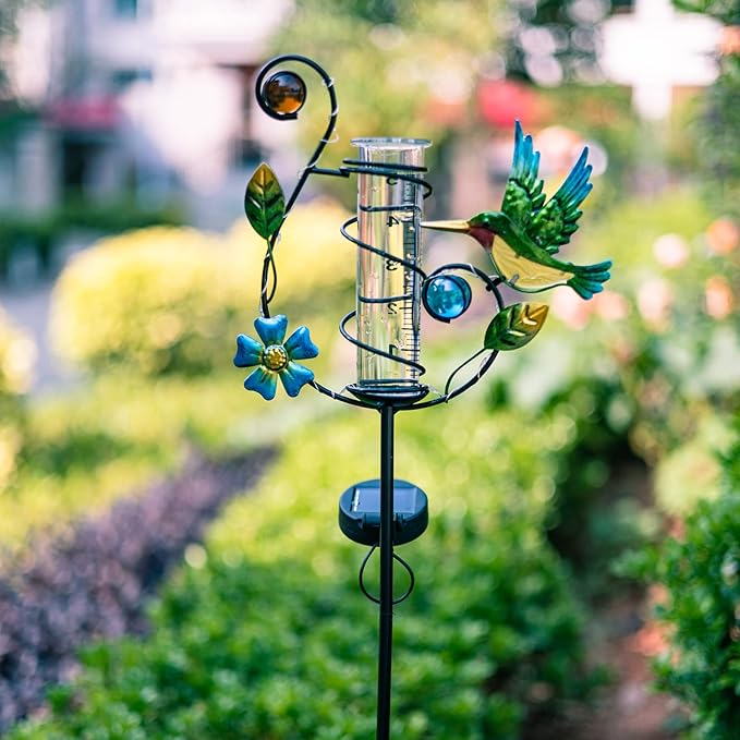 35'' Hummingbird Rain Gauge Outdoor - Solar Rain Gauges with LED Light for Yards, Lawns, Pathway, Patio (Colorful)