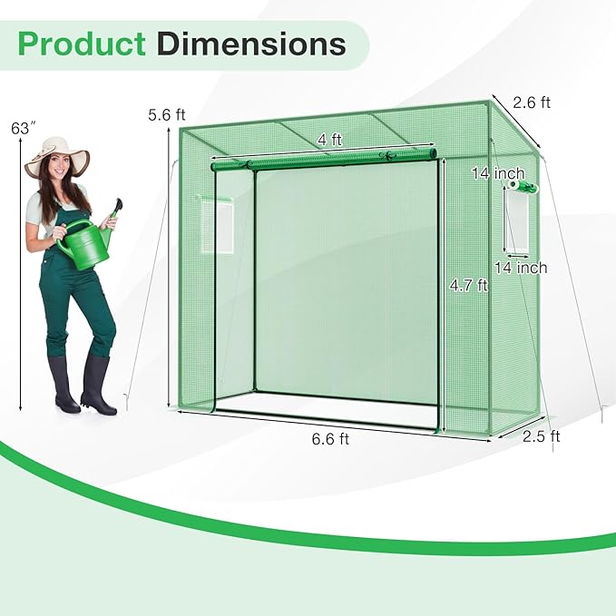 Giantex Walk-in Greenhouse, 4 Ground Stakes & Ropes, Outdoor Portable Mini Greenhouse w/ PE Cover, Heavy-Duty Metal Frame, Roll-up Zipper Door, Double-Layer Screen Windows, 6.6 x 2.5 x 5.6 FT