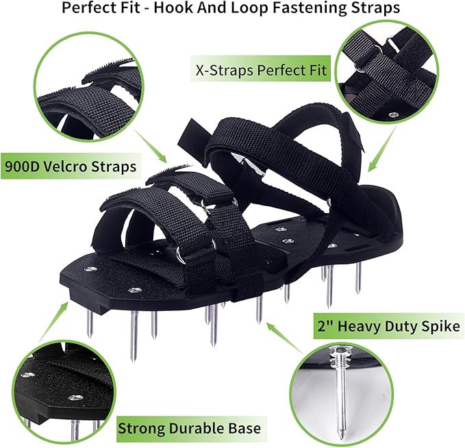 Lawn Aerator Shoes Pre-Assembled, Heavy Duty Lawn Spike Shoes with Adjustable Straps, Soil Aerating Tools for Yard Patio Garden, Includes Cleaning Shovel, Restores Lawn Health (Black)