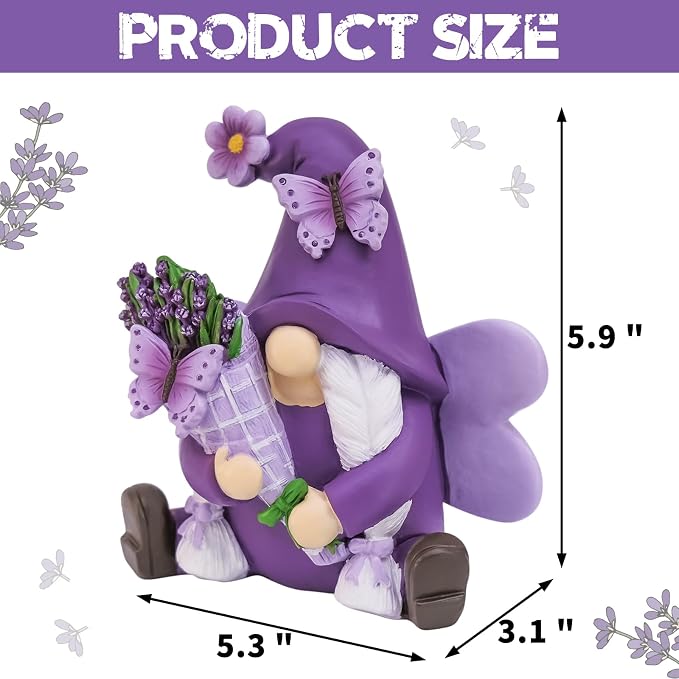 Lavender Gnome Spring Summer Decor, Fairy Garden Gnome with Butterfly & Lavender Bouquet, Purple Gifts for Women Yard Porch Flower Bed Decor