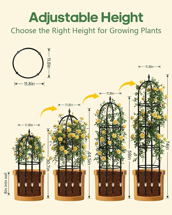 Joyhalo 2 Pack Trellis for Climbing Plants Outdoor, 6.2ft High Adjustable Garden Trellis for Flowers, Black Plastic Coated Steel Plant Stakes Use As Tomato Cage