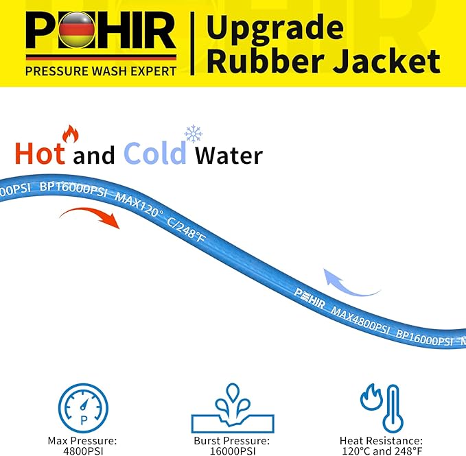 POHIR Pressure Washer Hose 50FT 3/8" for Cold & Hot Water (Up to 248℉) 4800 PSI Kink Resistant Industrial Grade Steel Wire Braided QC Ends with 2 M22-14mm to 3/8" Adapters for Professional and Home