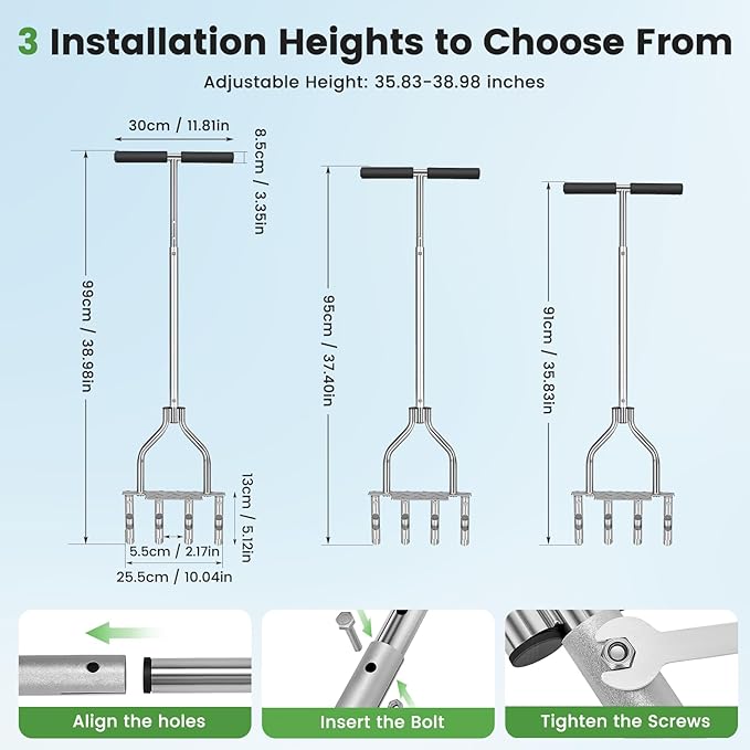 Manual Lawn Core Aerator with 4 Hollow Tines, Adjustable Height Grass Aeration Tool with Widened Footrest, Heavy Duty Plug Aerator for Lawn Yard Soil Compaction Relief