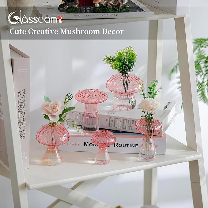 Glasseam Mushroom Plant Propagation Stations: Pink Glass Terrarium Jar Set of 10 Cute Planters for Indoor Plants Mini Propagate Station Unique Christmas Birthday Gifts for Women Home Office Decor