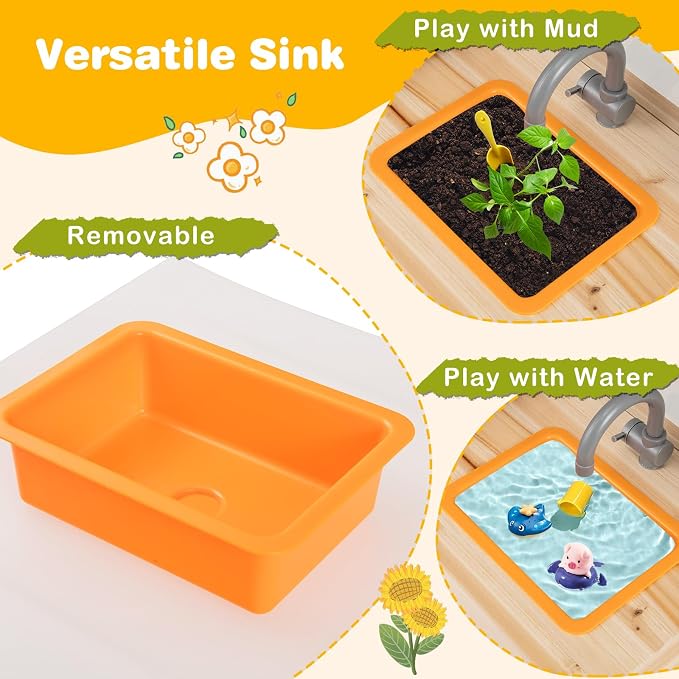 Costzon Mud Kitchen, Fir Wood Outdoor Play Kitchen with 4 Planting Pots, Stoves, Removable Sink, Acrylic Panel, Chalkboards & Accessories, Kids Kitchen Playset for Backyard Garden, Gift for Boys Girls