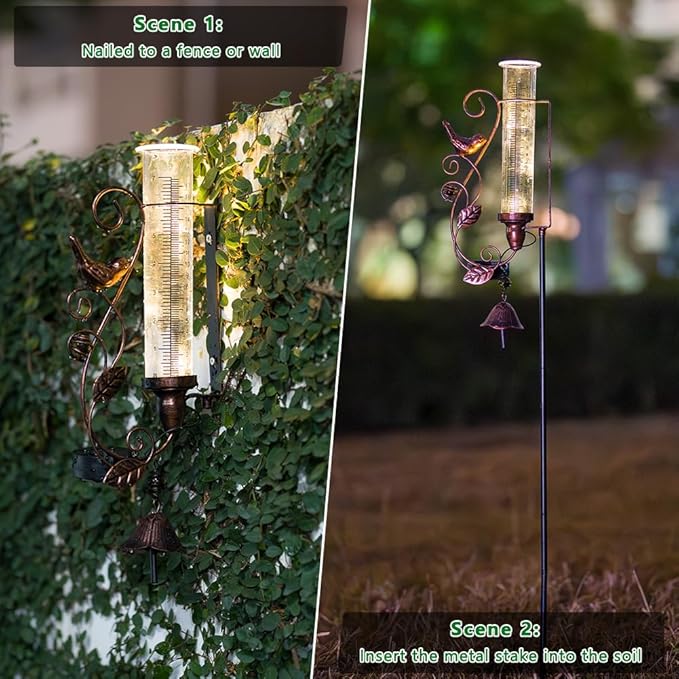 Rain Gauge Outdoor, Solar Rain Gauges with 7" Plastic Tube, Hummingbird Metal Rain Gauge with Decorative Bell for Garden Yard Lawn Decor