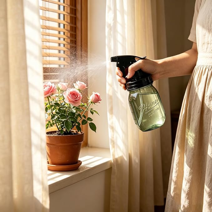Glass Plant Mister Bottle -16 oz Vintage Style Mason Jar Fine Mist Sprayer - Refillable Leak Proof Water Spray Bottle for Plants, Gardening, Decorative with Adjustable Mist Nozzle (Green)