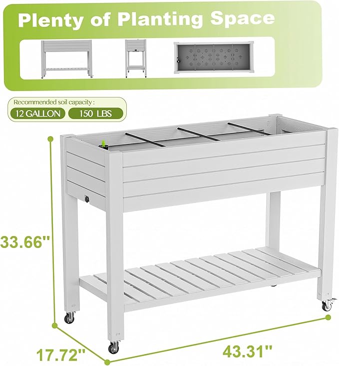 Elevated Raised Garden Bed with Wheels,Outdoor Large Resin Patio Planter Box Stand Divisible with Drain Plug,Water Monitor for Plants Vegetables Flowers Fruits(Ashen)