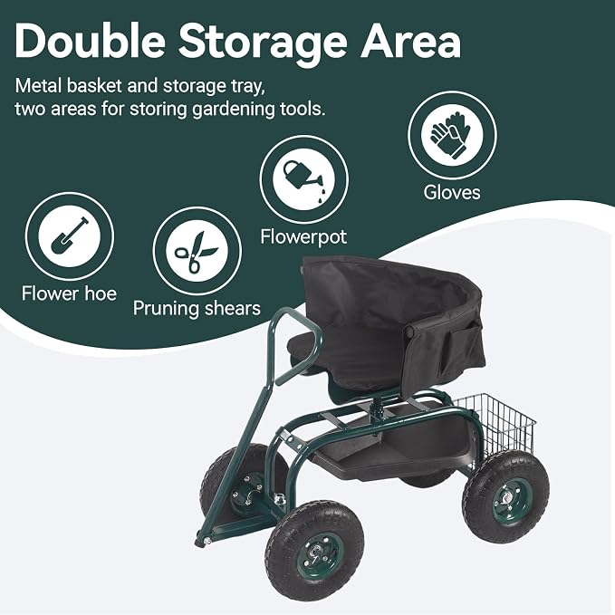Rolling Garden Cart - Outdoor Workseat with Seat Cushions and Wheels, Heavy Duty Garden Tool Cart with Storage Bracket and Tool Tray for Yard, Planting Gardening Work (Green)