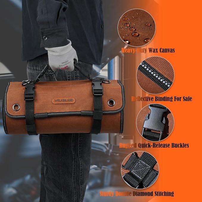 WELKINLAND Heavy-Duty Waxed Canvas Tool Roll, 7-Pockets Tool Wrap Roll, 15L Tool Roll Bag, Large Roll Up Tool Bag For Mechanics.