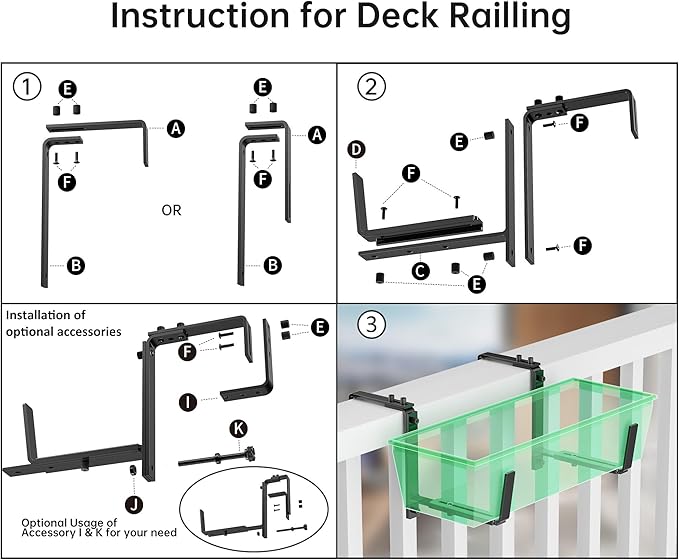 Y&M 2 Pcs Deck Railing Adjustable Planter Box Brackets (6 to 12.5 in), Universal Heavy Duty Iron Flower Box Brackets Wall Mounting Hooks for Fences, Patio, and Garden - Black (Patent Registered)