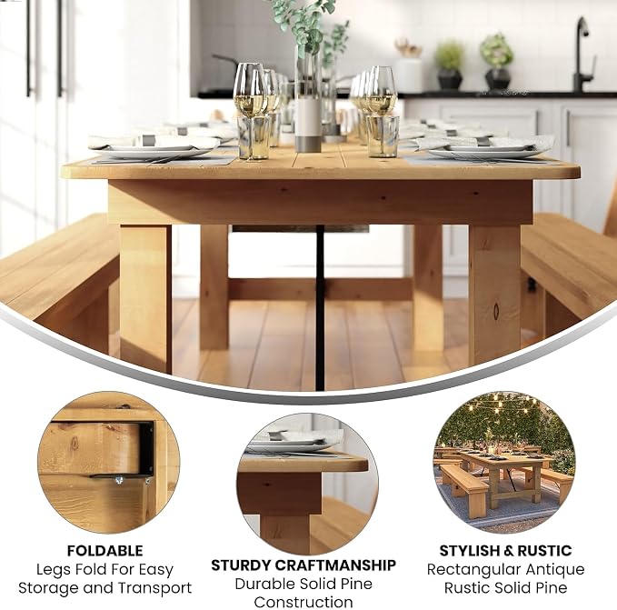 Flash Furniture HERCULES 8' x 40" Rectangular Antique Rustic Solid Pine Folding Farm Table, Light Natural