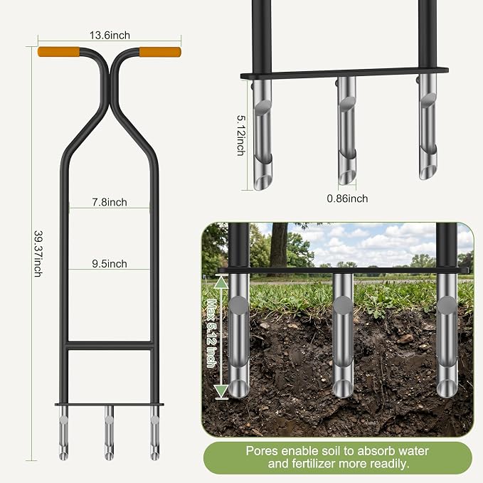 Heavy Duty Manual Lawn Core Aerator Tool, Semi-Assembled Yard Plug Aerator with 3 Stainless Steel Hollow Tines for Effortless Aeration, Compacted Soil & Lawn Care