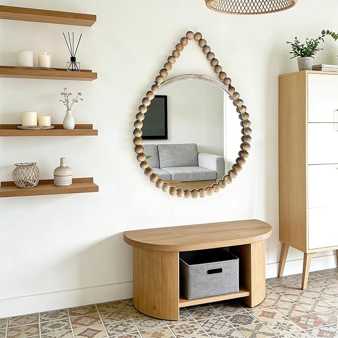 POZINO Wood Round Mirror, 28" Rustic Farmhouse Wall Hanging Mirror with Wooden Beaded Frame, Boho Circle Mirror for Bathroom Bedroom Living Room Hallway Entryway Fireplace