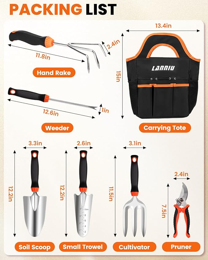 7-Piece Gardening Tools Set, Heavy Duty Stainless Steel Hand Tools with Blakc Tote Bag - Ergonomic Non-Slip Grip for Planting, Weeding & Digging