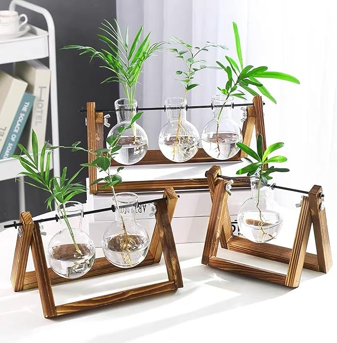 Kingbuy Plant Propagation Station, 3 Glass Bulb Vases with Wooden Stand | Boho Desktop Terrarium, Hydroponics, Home Office Window Sill Decor, Gift for Women Plant Lovers