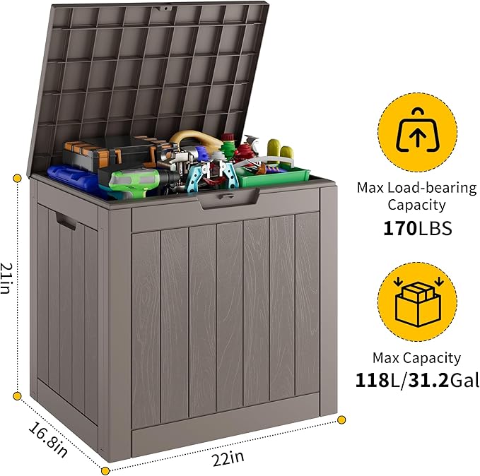 Outdoor Storage Box, 32 Gallon Resin Deck Boxes Outdoor Waterproof For Patio Furniture, Garden Tools, Pool Supplies, Lockable And UV Resistant (a Set of 2,Striped Gray)