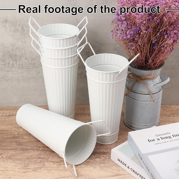 10 PCS 9 Inch Tall Galvanized Flower Buckets, Metal Flower Vase, Rustic Farmhouse French Flower Buckets with Handles for Wedding, Home Décor(White)
