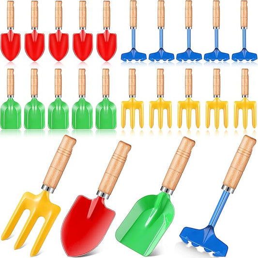 100 Pcs 8" Kids Gardening Tools, Metal Beach Sandbox Digging Toys with Wooden Handle, Including Shovel, Rake, Fork and Trowel, Garden Sand Snow Tools for Children Gift Outdoor Gardening