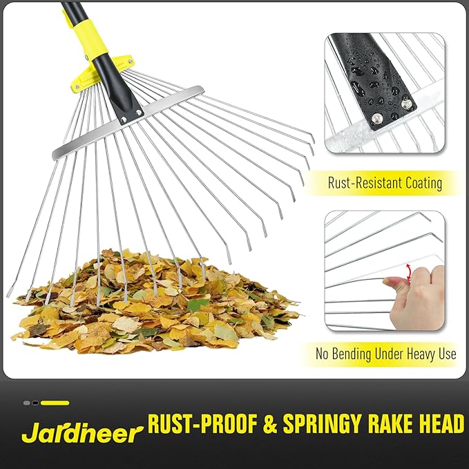 Jardineer Garden Rake for Leaves - Adjustable Metal Leaf Rake with Expandable Head and 59 Inch Long Handle, Rake for Camping, Debris, Tight Spaces and Yard Waste Removal