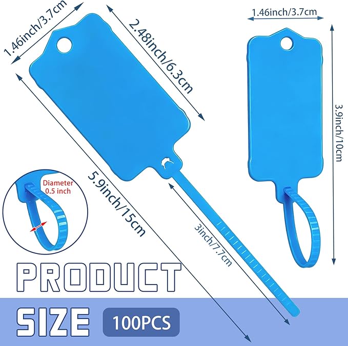 LeonBach 100 PCS Plastic Shipping Tags, 1.46" x 2.48", Waterproof Labels Writable Hanging Tag with Sealing Strap, Shipping Cable Tie Label Tags for Keys Luggage Logistic Retail Inventory(Blue)