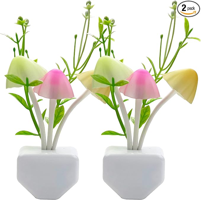 ZEZHOU Smart Sensor Led Night Lights - 2Pack 7 Color Changing Mushroom Nightlight Dusk to Dawn Sensor Auto On/Off, 0.6W Plug-in Wall Dream Bed Lamp, Gift Ideal for Nursery Baby Kids Children Adults