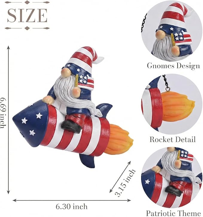 TERESA'S COLLECTIONS 4th of July Gnome Firework Decorations, Memorial Day Hanging Ornament for Home, USA 250th Anniversary Patriotic Resin Independence Day Gift for Women, Indoor Outdoor Wall Decor 8"