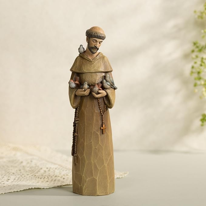 St Francis Statue 12 Inch - Preaching to Birds, Premium Resin with Wood Carving Texture, Patron Saint of Animals & Nature, Garden Outdoor Sculpture, Home Decor, Catholic Gift