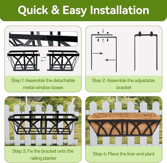 Halatool 24 Inch Railing Planter Box, 2 Pack Window Boxes Planters, Balcony Flower Boxes with Coco Liner & Adjustable Brackets, Hanging Planter Box for Outdoor Fence, Deck, Porch & Garden