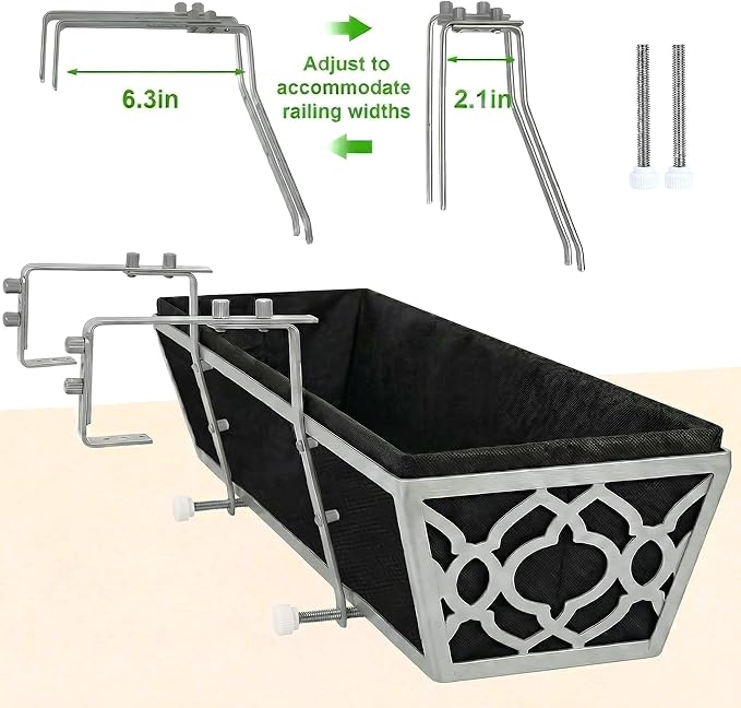 Y&M 30'' Metal Railing Planter Box Set with Black Non-Woven Fabric Liner, Flower Boxes with Adjustable Brackets, 4 Pcs Large Hanging Window Boxes for Fence, Deck, Balcony, and Garden - Gray