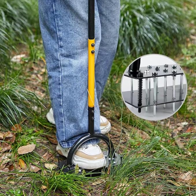 Lawn Aerator Tool, Lawn with 16 Iron Spikes, Automatic Leaf and Dirt Cleaning with Spring-Loaded Design, Metal Manual Aerator for Loosening Soil Aerating Patio, Yard, Garden Black