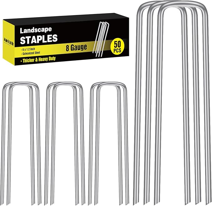 50 Pack 6 Inch Landscape Staples, 8 Gauge Garden Stakes Heavy Duty More Thicker Galvanized Tent Stakes, Lawns Yard Staples Wind-Resistant Ground Stakes for Hard & Rocky Soil, Pet Fence