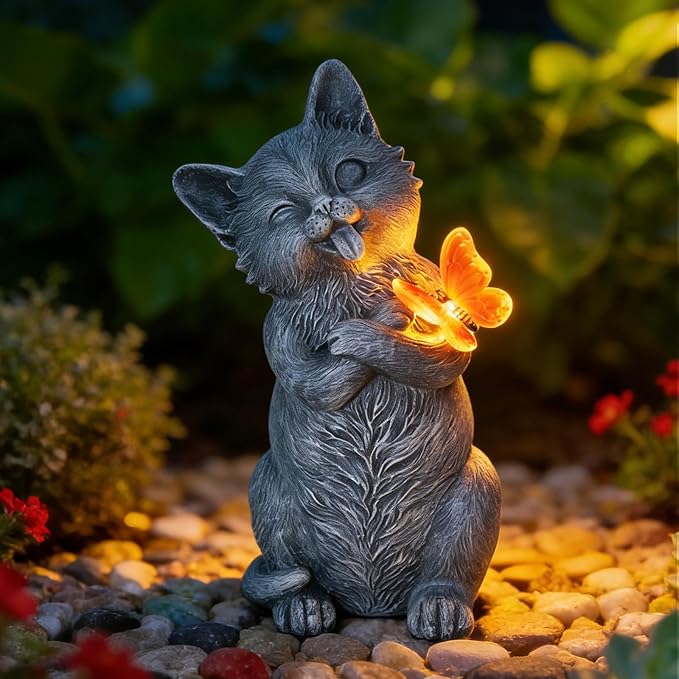 Solar Cat Garden Statue Outdoor Decor 10 Inch with LED Butterfly Light, Resin Cat Decor for Yard Patio Porch Lawn Balcony, Solar Garden Decor, Gifts for Mom Grandma Women