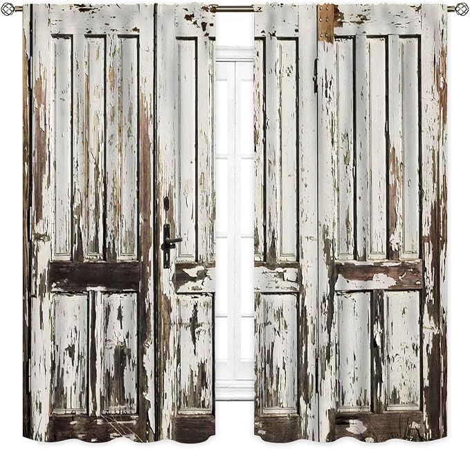 Rustic Wooden Curtains, Farmhouse Old Barn Door Country Cottage Western Barnwood Garage Printed Blackout Window Drapery Treatments for Kitchen Living Room Bedroom 2 Panels Set, 84"x84" Inch